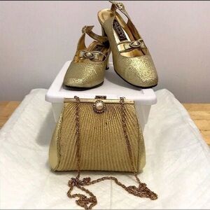 Vintage FUZZY Gold Glitter Block‎ Heel Shoes With Gold Shoulder Bag Purse/Clutch